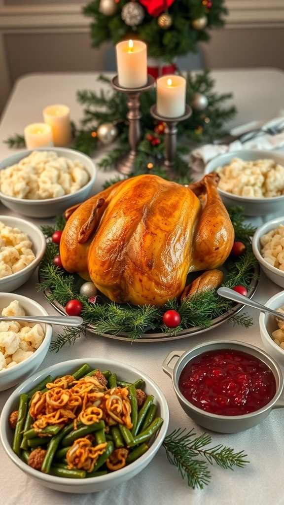 A festive Christmas dinner table with roasted turkey, mashed potatoes, green bean casserole, and cranberry sauce.